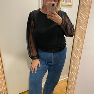 ZARA BLACK TOP WITH MESH POLKA DOT SLEEVES